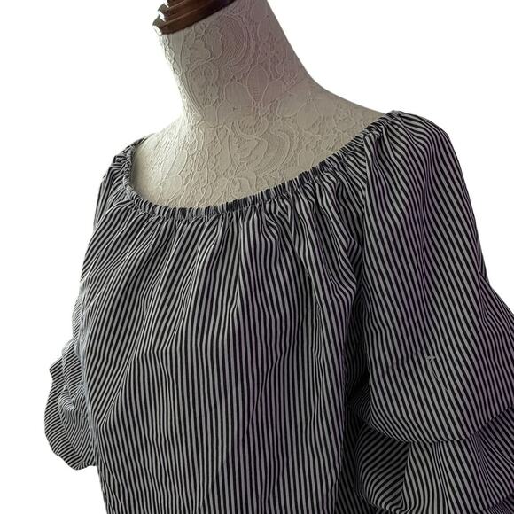 Kontrol contemporary striped blouse L puff sleeve black white off shoulder - Picture 3 of 8